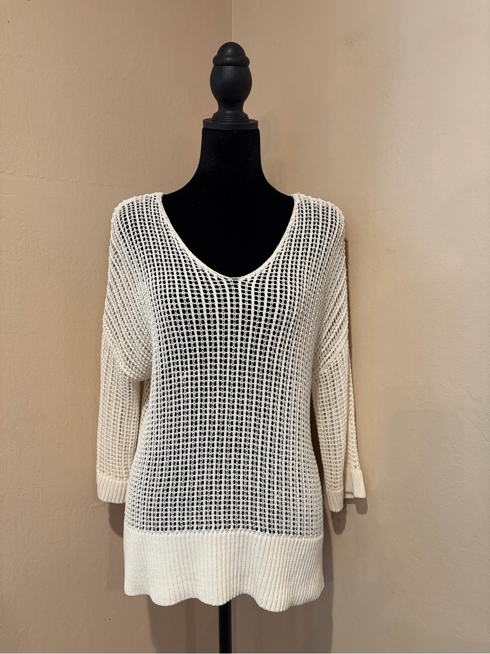 Joseph Ribkoff Ivory Open-Weave V-Neck Sweater, 3/4 Sleeves, Elegant Summer